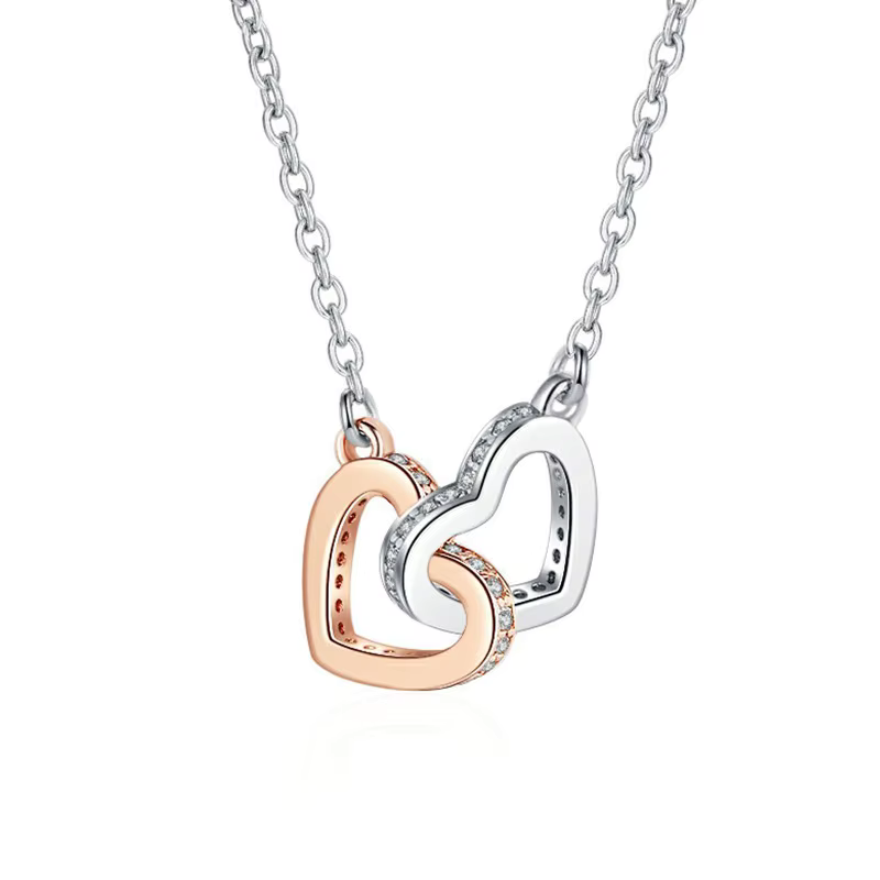 Double Heart Rose Gold & Silver Two Tone Necklace for Women