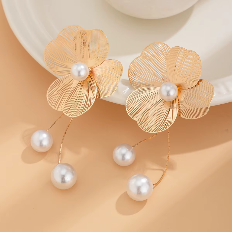 Elegant Pearl Tassel Flower Drop Earrings for Women – Gold