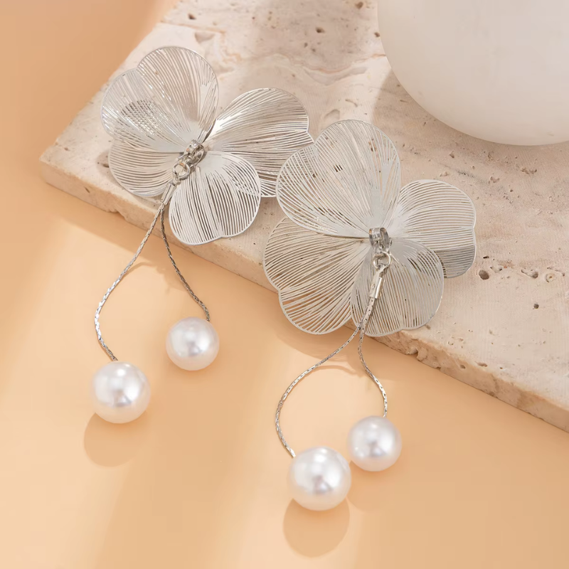 Elegant Pearl Tassel Flower Drop Earrings for Women – Silver