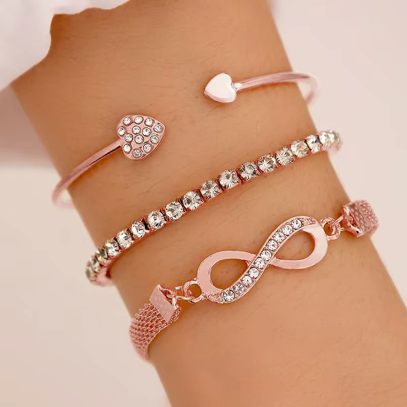 3 Piece Full Diamond Crystal Infinity Heart Bracelet Set for Women – Rose Gold
