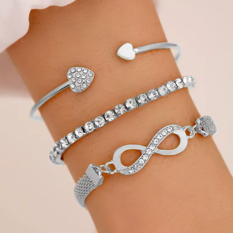 3 Piece Full Diamond Crystal Infinity Heart Bracelet Set for Women – Silver