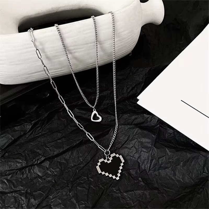 New Heart Punk Double Layer Necklace for Women – Silver