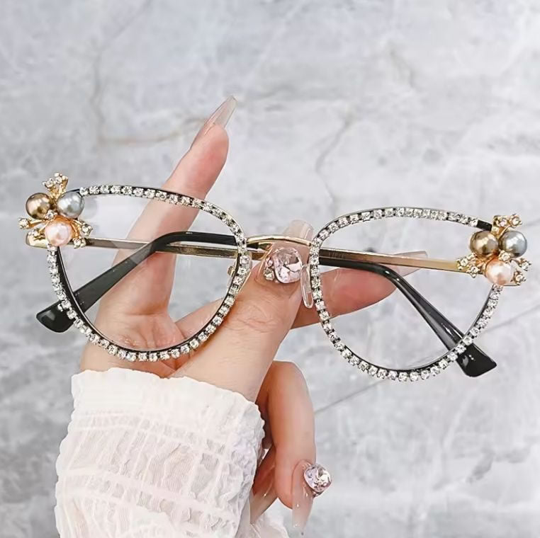 Diamond Cat Eye Glasses for Women – Black