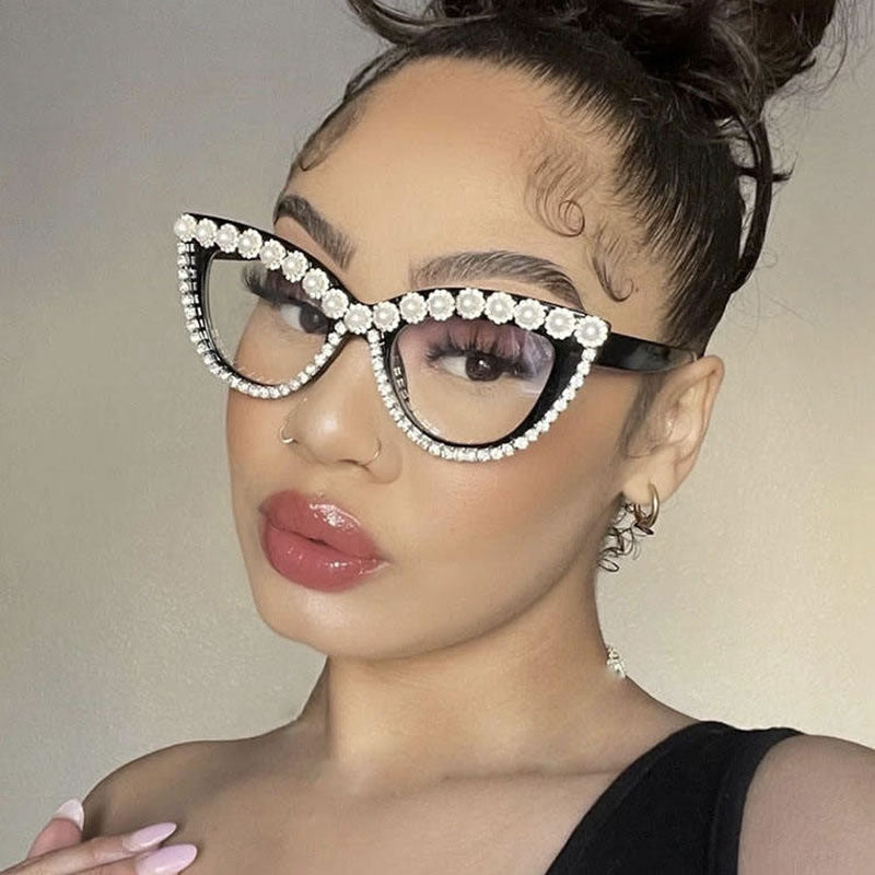 Cat Eye Diamond Glasses for Women – Black