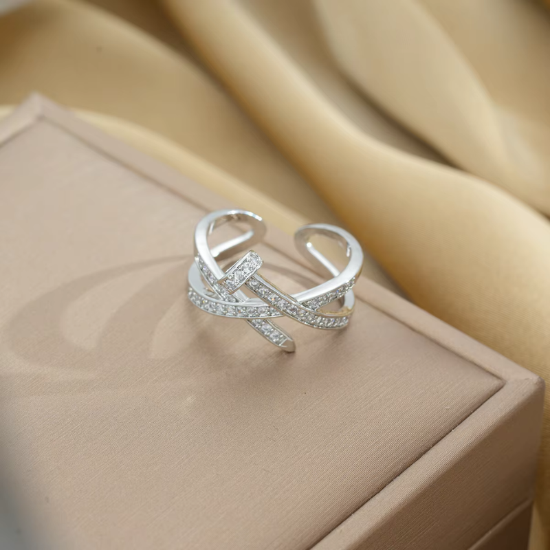 Adjustable Full Diamond Zircon Open Ring for Women – Silver