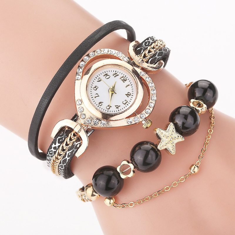 Decorative Multi-layered Beaded Bracelet Watch for Women – Black