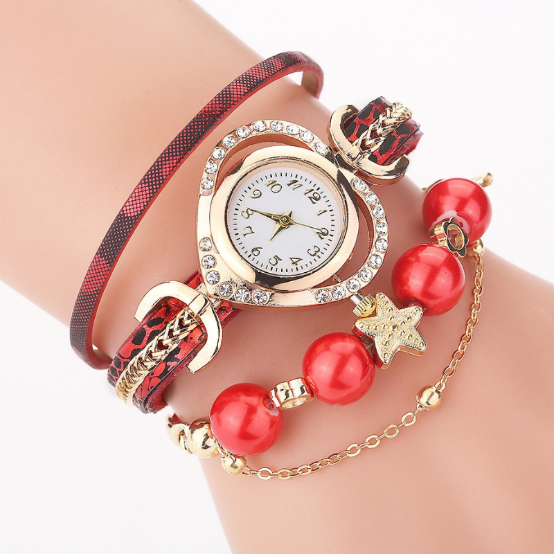 Decorative Multi-layered Beaded Bracelet Watch for Women – Red