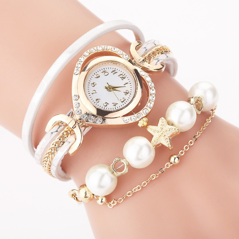 Decorative Multi-layered Beaded Bracelet Watch for Women – White