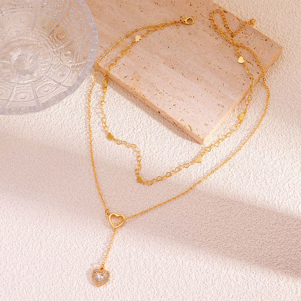 Elegant Layered Gold Chain Crystal Heart Necklace for Women – Gold
