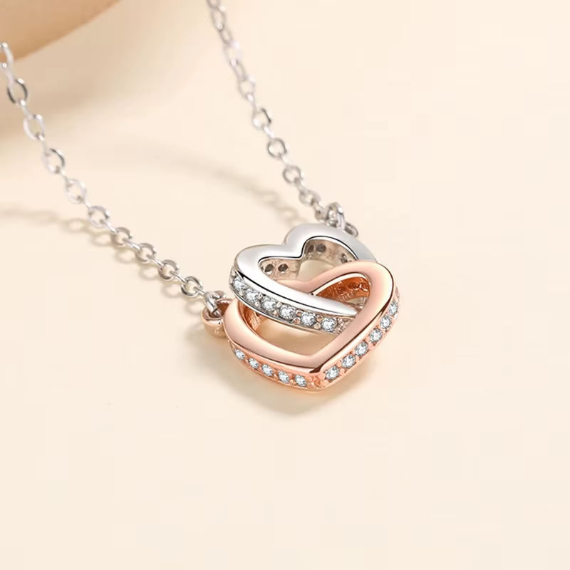 Double Heart Rose Gold & Silver Two Tone Necklace for Women – Gold