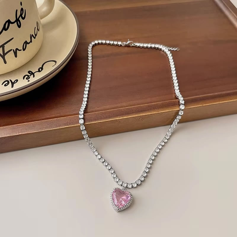Pink Crystal Heart Choker Necklace for Women – Silver