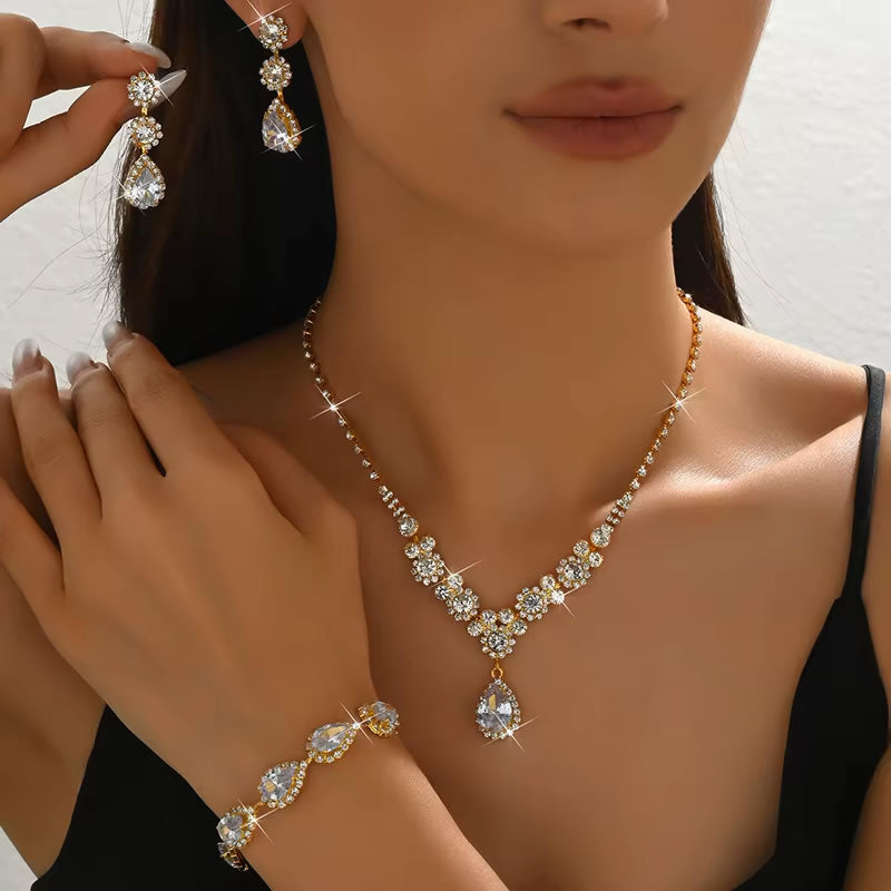 Diamond Luxury Necklace Earrings Bracelet Set for Women – Gold