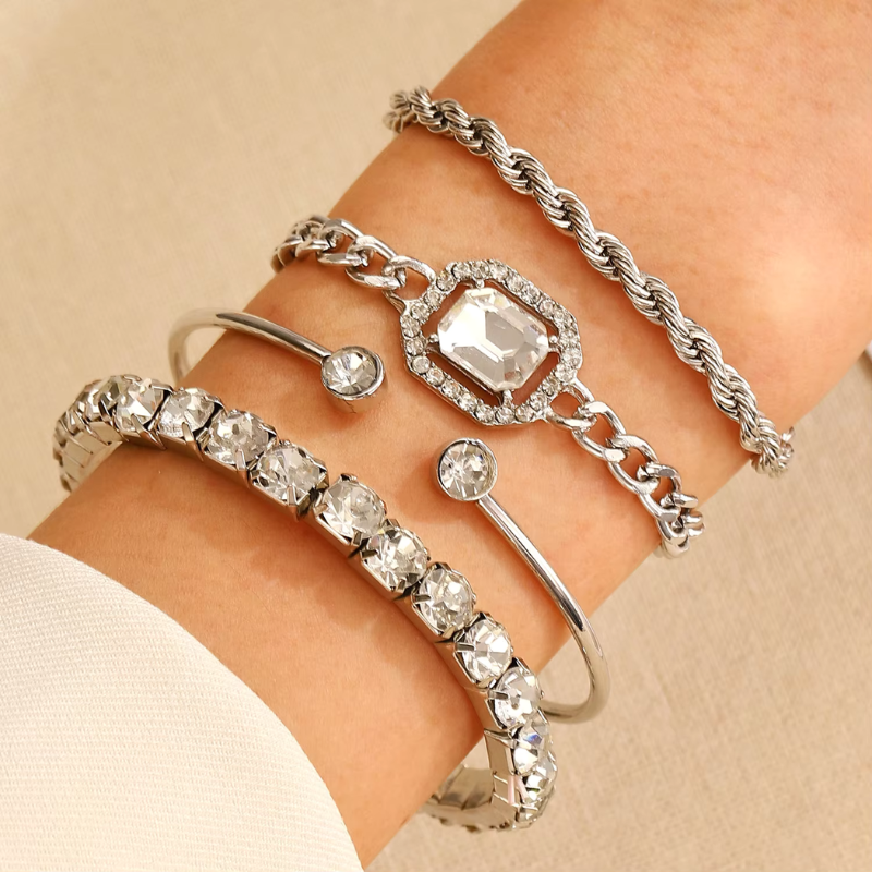 4pcs Gold Cuban Chain Bracelet Set for Women – Silver