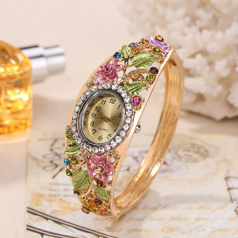 Floral Rhinestone Gold Bracelet Watch for Women – Pink and Green
