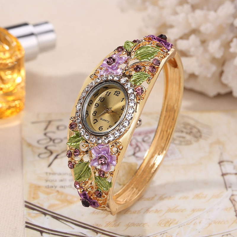 Floral Rhinestone Gold Bracelet Watch for Women – Purple and Green