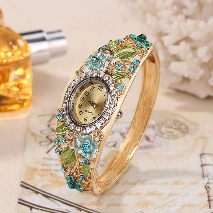 Floral Rhinestone Gold Bracelet Watch for Women – Green and Blue