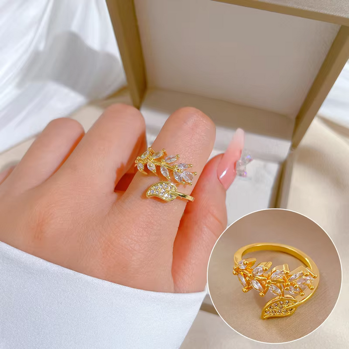 Adjustable Leaf Zircon Ring for Women – Gold