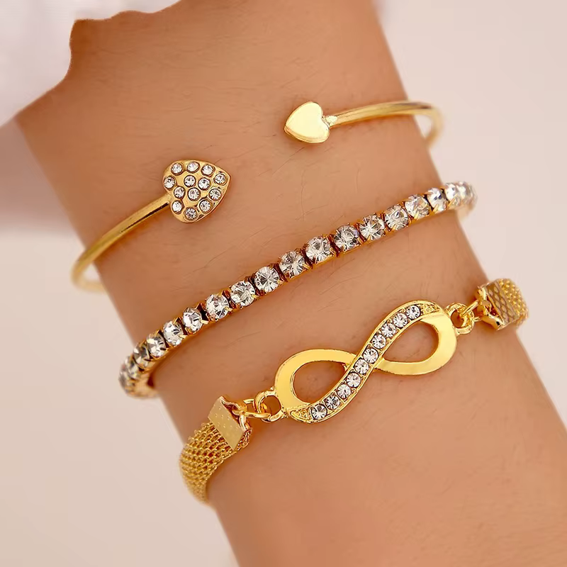 3 Piece Full Diamond Crystal Infinity Heart Bracelet Set for Women – Gold