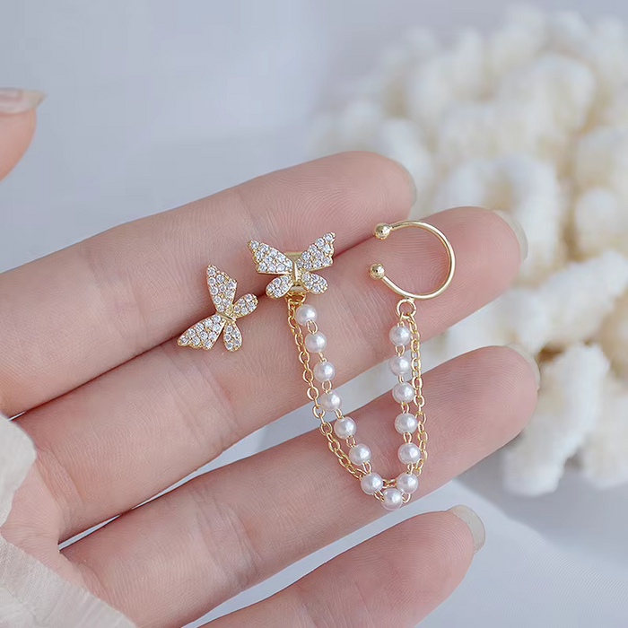 Pearl Butterfly Chain Ear Clip Earrings for Women – Gold