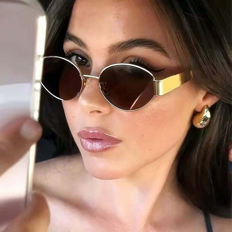 Vintage Gold Oval Metal Sunglasses (Style II) for Women – Gold