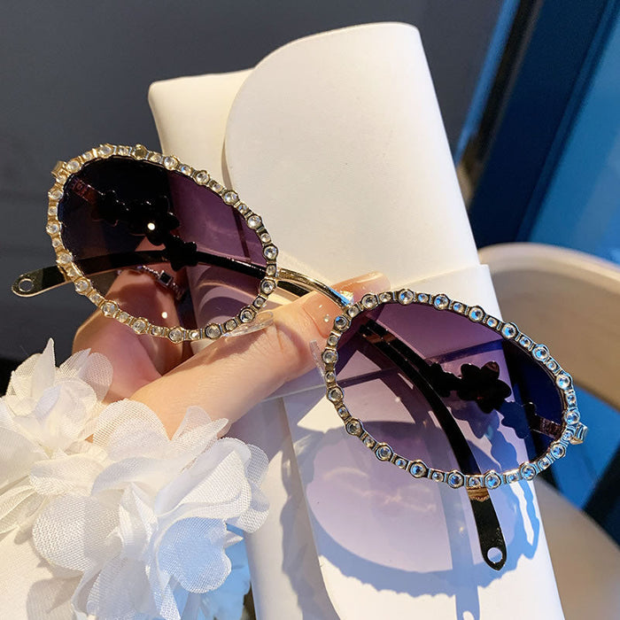 Oval Rhinestone Gold Sunglasses for Women – Grey