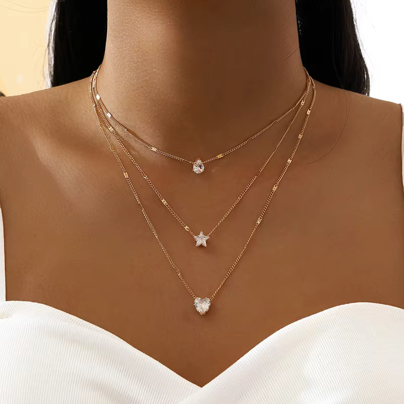 Rhinestone Star Heart Multilayer Necklace for Women – Silver