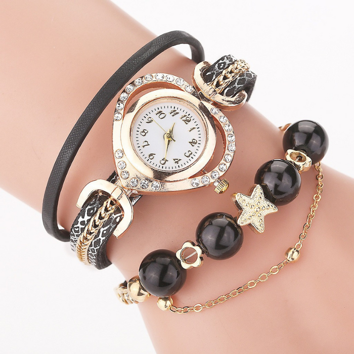 Decorative Multi-layered Beaded Bracelet Watch for Women – Black