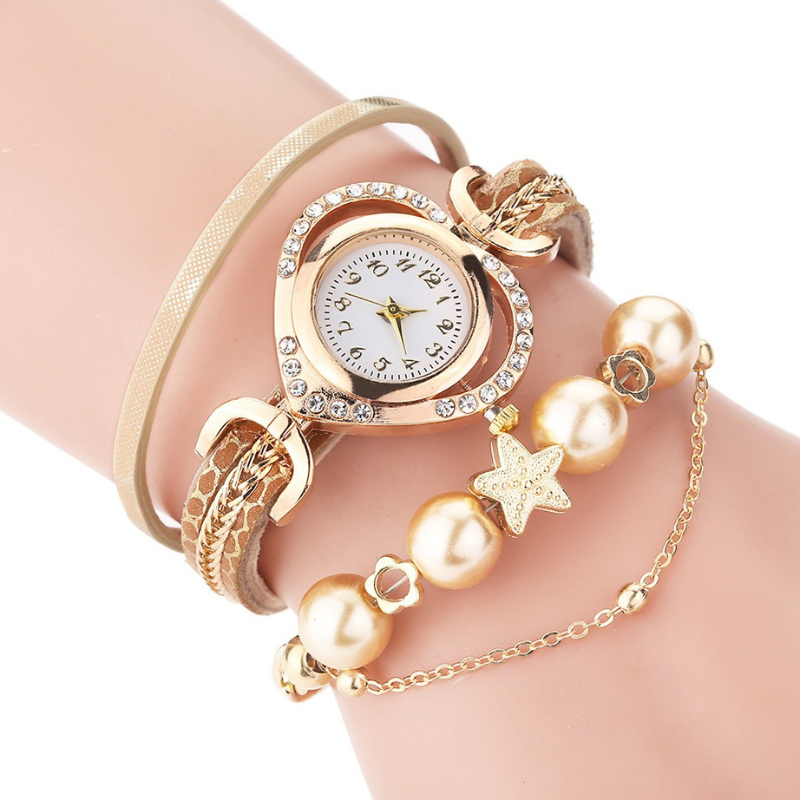 Decorative Multi-layered Beaded Bracelet Watch for Women – Gold