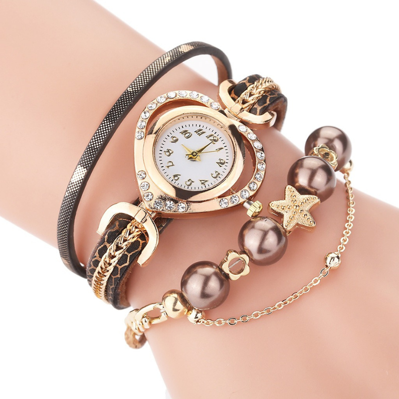 Decorative Multi-layered Beaded Bracelet Watch for Women – Grey