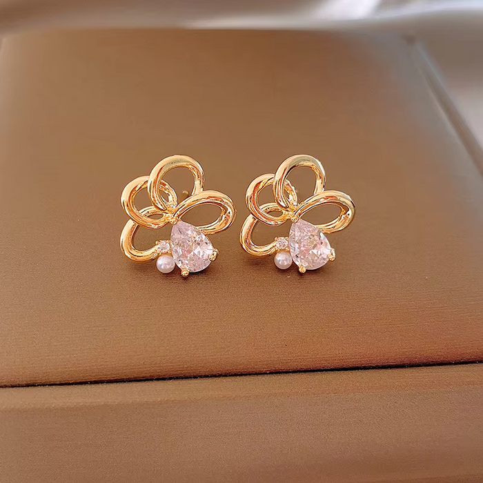 Elegant Zircon Flower Stud Earrings for Women – Gold