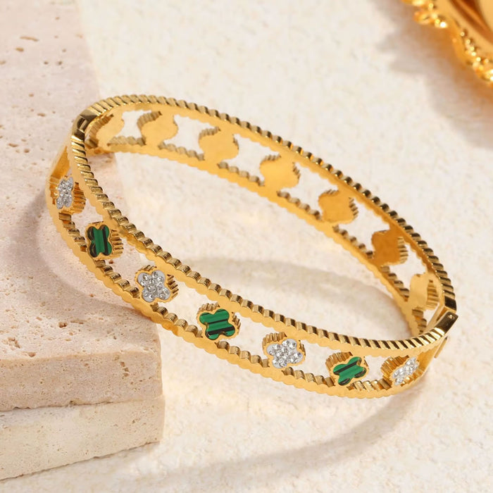 Hollow Clover Leaf Fashion Cuff Bangle with Zircon for Women – Gold