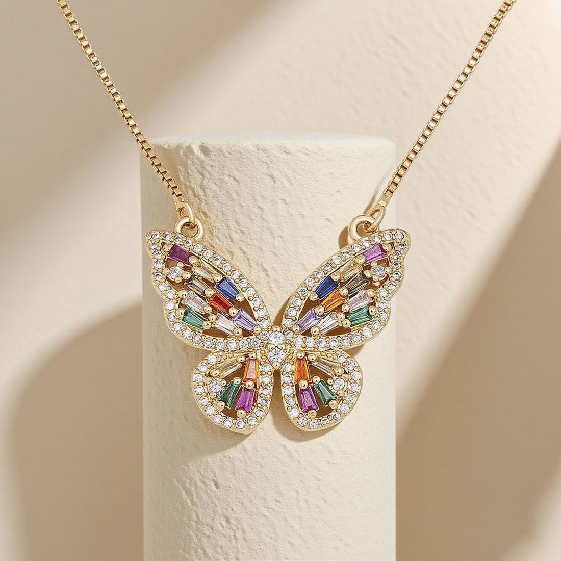 Colourful Rhinestone Butterfly Pendant Necklace for Women – Gold