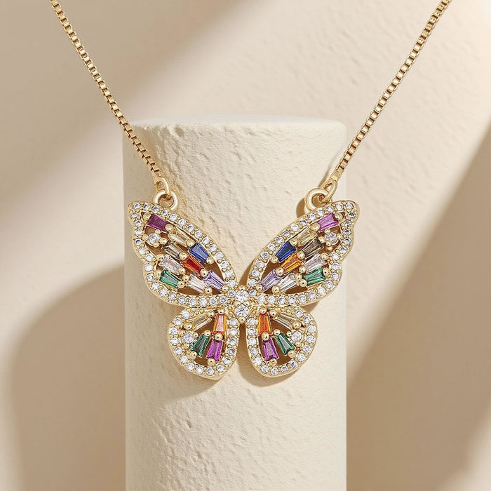 Colourful Rhinestone Butterfly Pendant Necklace for Women – Gold