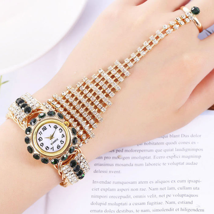 Luxurious Diamond Claw Chain Ring Watch for Women – Green