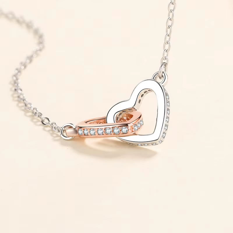 Double Heart Rose Gold & Silver Two Tone Necklace for Women