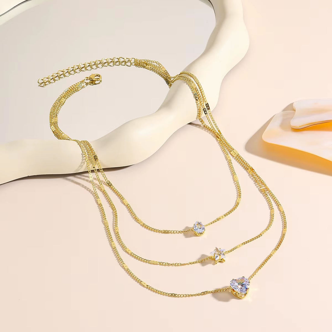 Rhinestone Star Heart Multilayer Necklace for Women – Gold