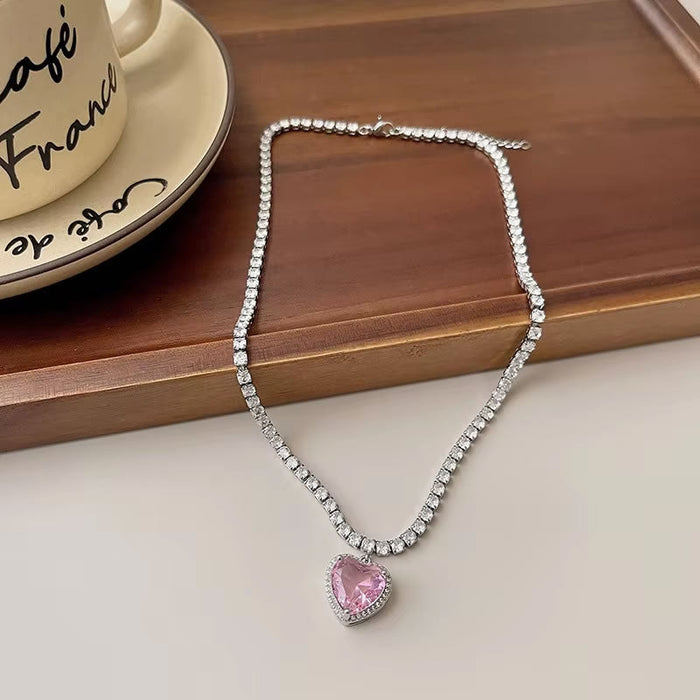Pink Crystal Heart Choker Necklace for Women – Silver