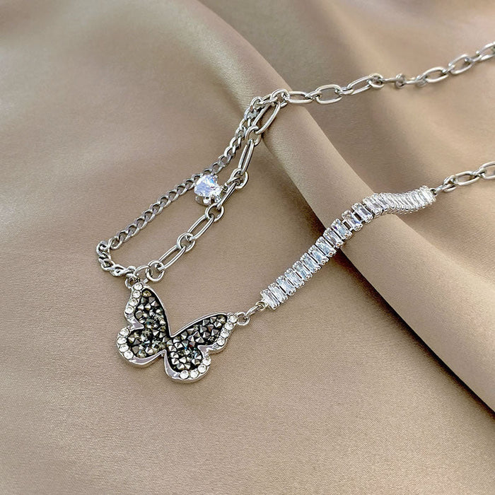 Luxury Black Zircon Butterfly Necklace for Women – Silver