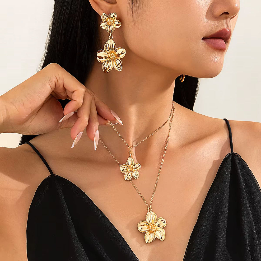 Flower Necklace Earrings Set for Women – Gold