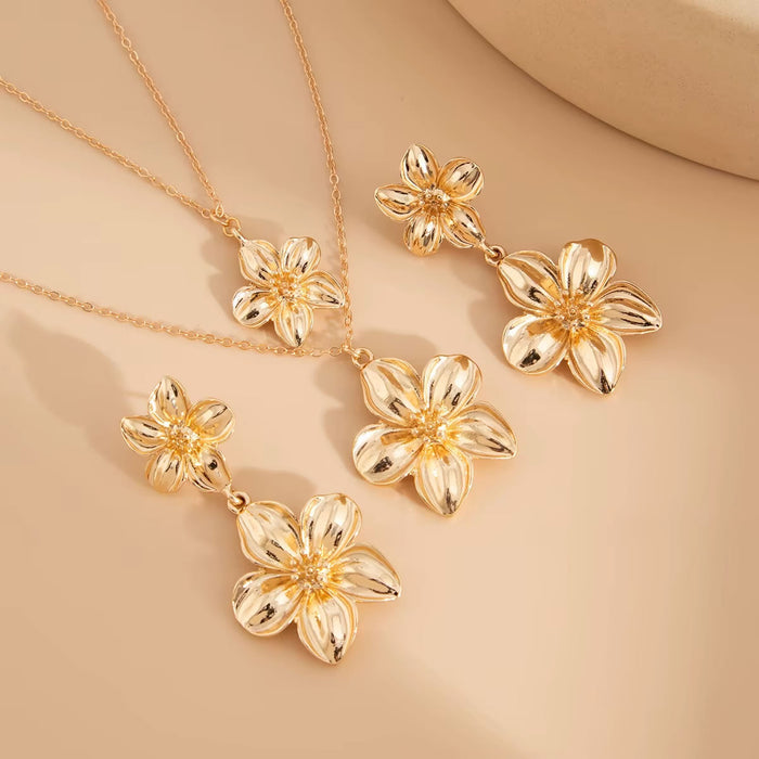Flower Necklace Earrings Set for Women – Silver