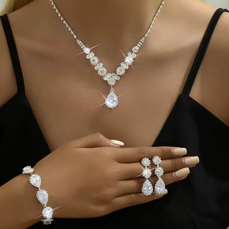 Diamond Luxury Necklace Earrings Bracelet Set for Women – Silver