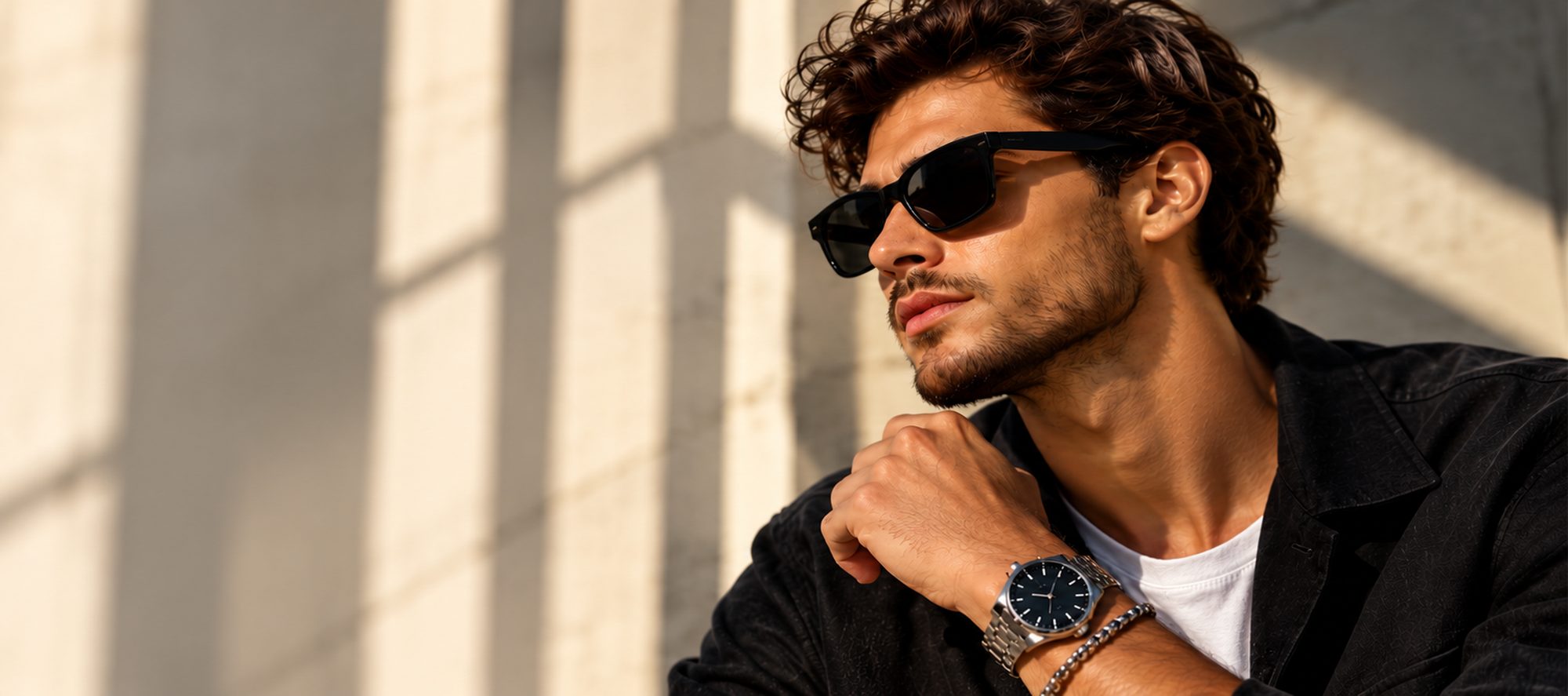 Man wearing black rectangle sunglasses against a sunlit wall